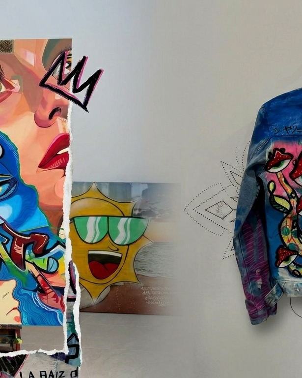 Colorful jacket with artistic designs and text on a white background